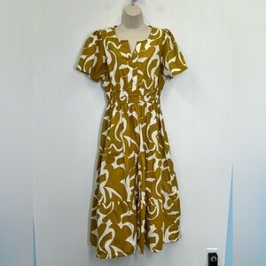 Meadow Rhodes - Mustard And White Fun Pattern V Neck Tiered Maxi Dress Size Med